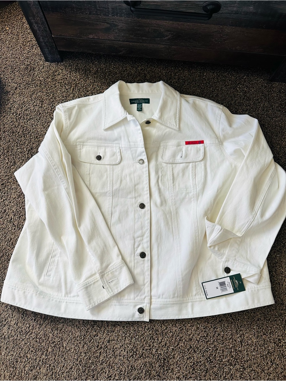 Ralph Lauren White Denim Trucker Jacket with Red Accent - Picture 7 of 8